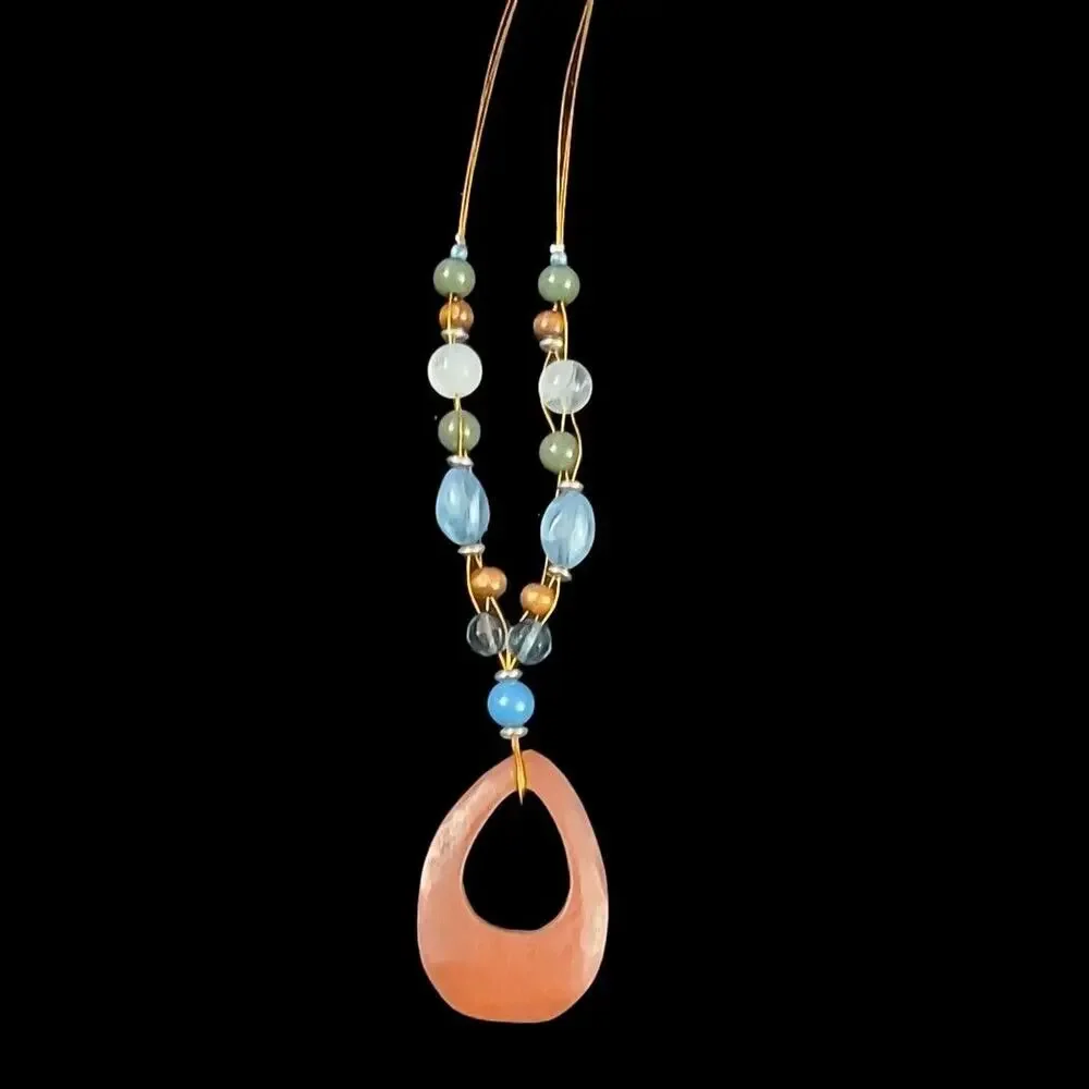 Vintage Chunky Wood Pendant Beaded Copper Wire Necklace Brown Blue Green 16